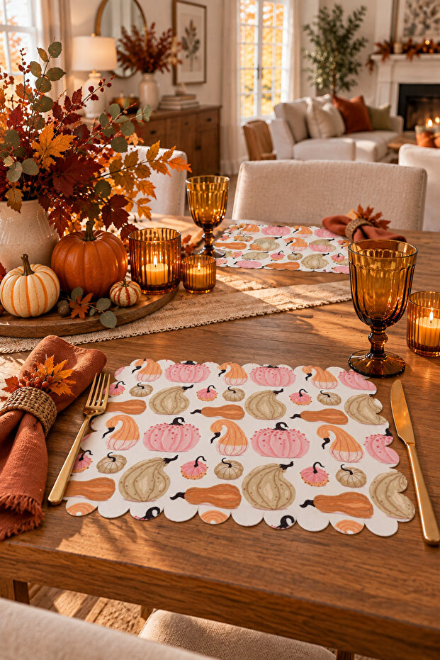 Laser Cut 6-Piece American Service Set - Seamless Suede Fabric - 45 X 35 cm - Pumpkin Bloom