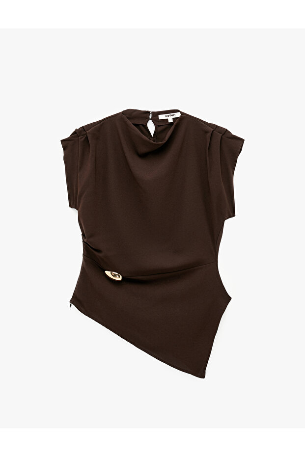 Asymmetrical Stand Collar Sleeveless Blouse with Metal Accessory Detail
