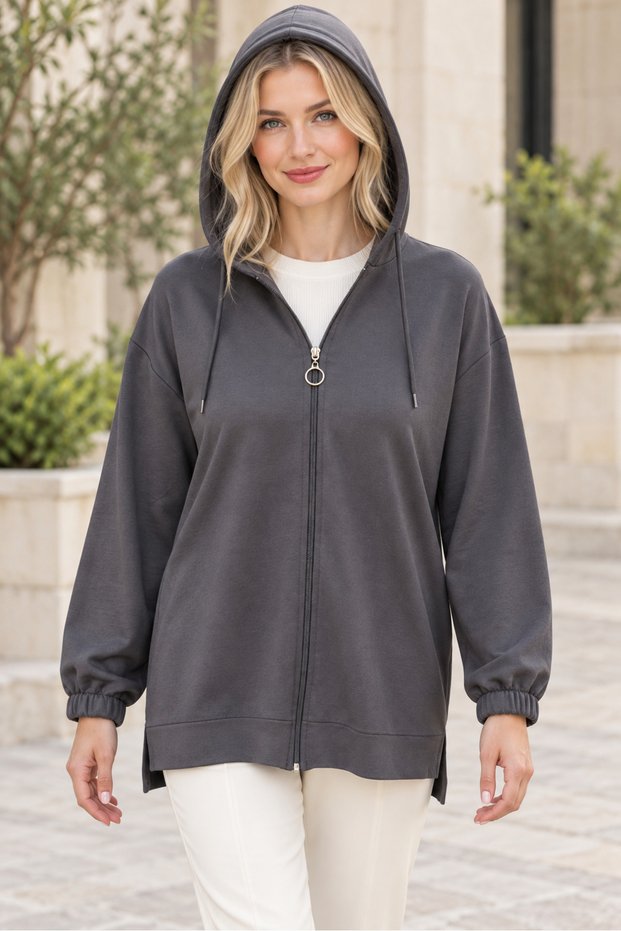 Women's Long Sleeve Off-Shoulder Hooded Zippered Side Slit Detailed Stretchy Lycra Stylish Casual Anthracite Cardigan