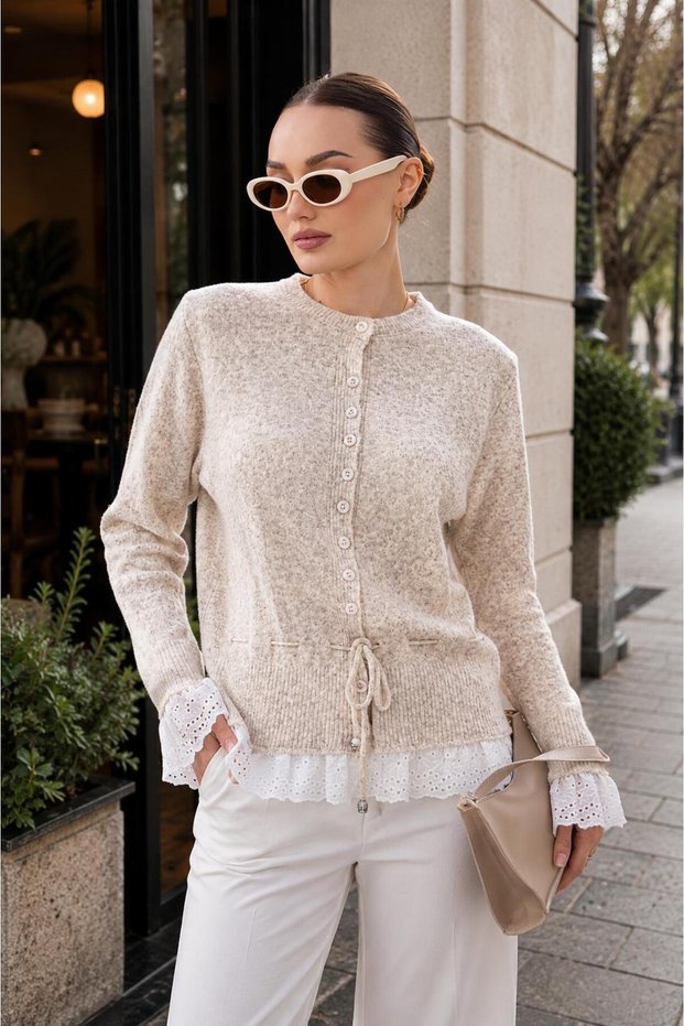 Women's Sleeve Skirt Lace Detailed Button Closure Knitwear Knitted Cardigan 265035 -