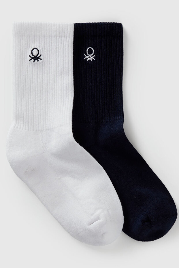Boy's White-Navy Blue Logo Embroidered 2-Piece Long Socks Set
