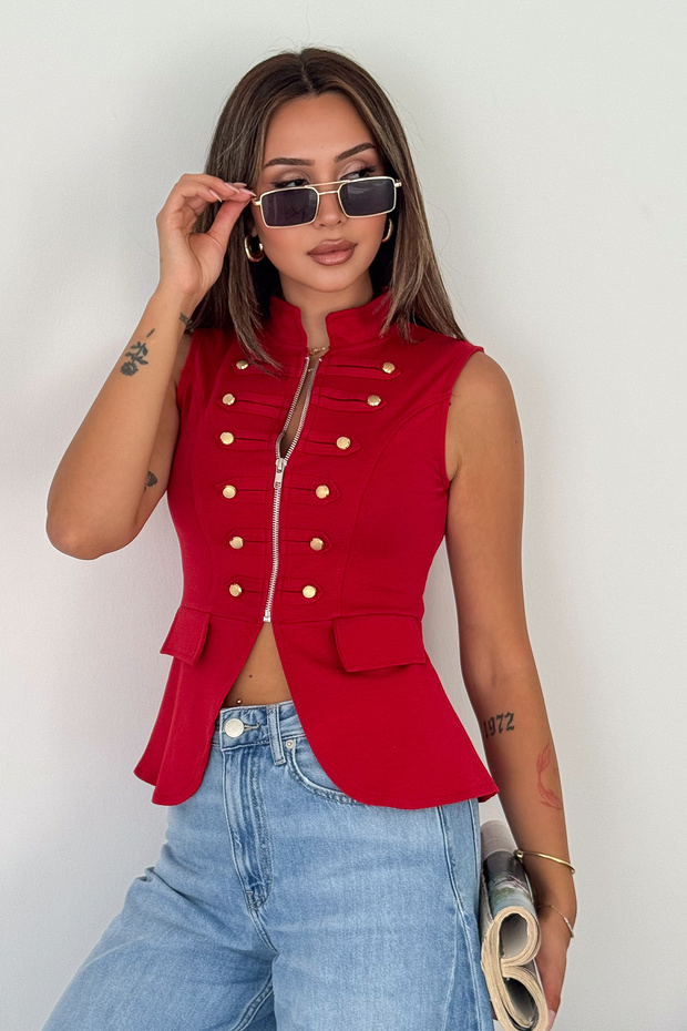 Women's Zippered Epaulet Vest Jacket with Steel Button Detail