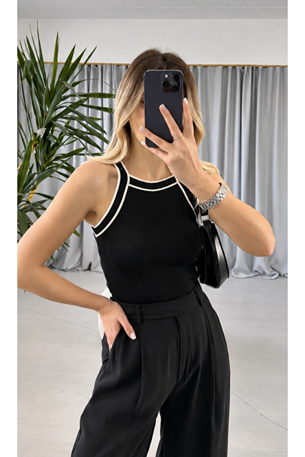 Black and White Ribbed Halter Neck Tank Top