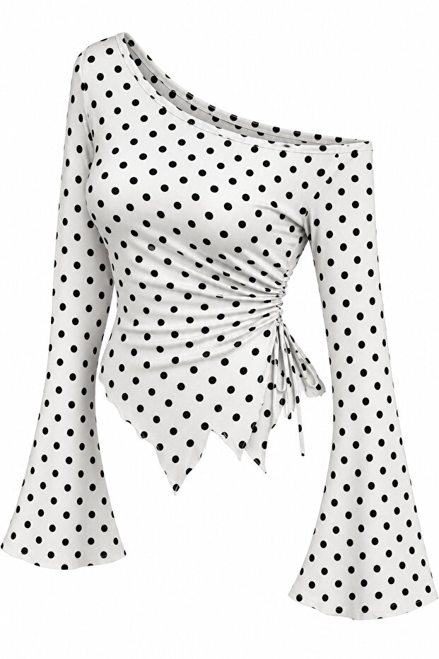Polka Dot Long Sleeve Asymmetric Collar Draped Side Tie Spring Autumn Blouse Top