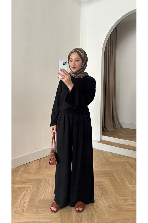 Women's Pleated and Pocketed Modest Set - Black