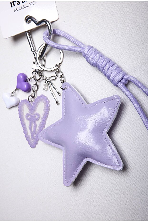 Purple Heart and Star Detailed Multi-Object Design Charm Keychain