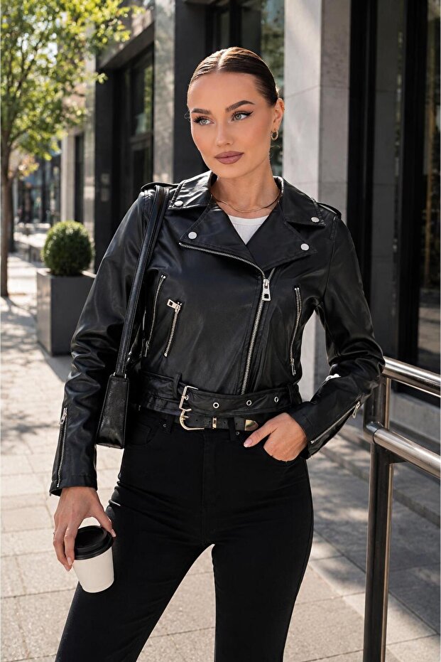 Women's Leather Jacket with Cross Zipper Detail 265290 -