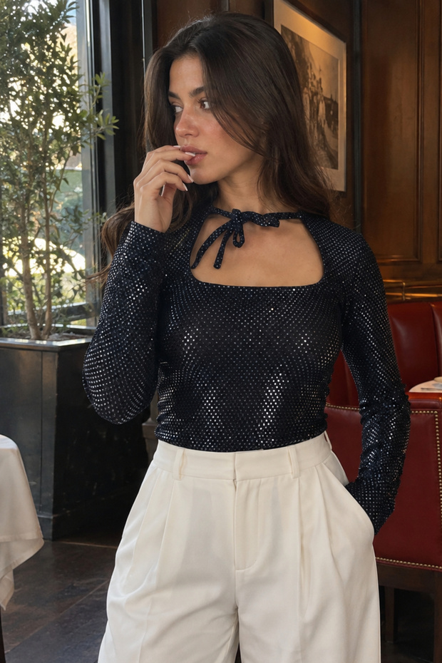 Women's Navy Blue Collar Tie Detail Glitter Fabric Fitted Blouse Arm-27K001004