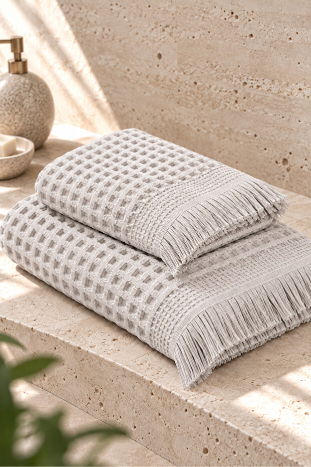 Ceylin Waffle 2-Piece Bath Towel Set 50X90 + 70X140 cm Fringed