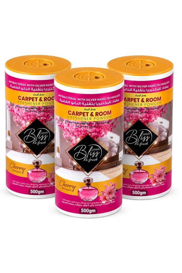 Antibacterial Carpet Fresh & Room Freshener Powder 500g x 3 | Cherry Blossom Scent | Extra Strength Odor Eliminator with Silver Nano Technology (3x500g)