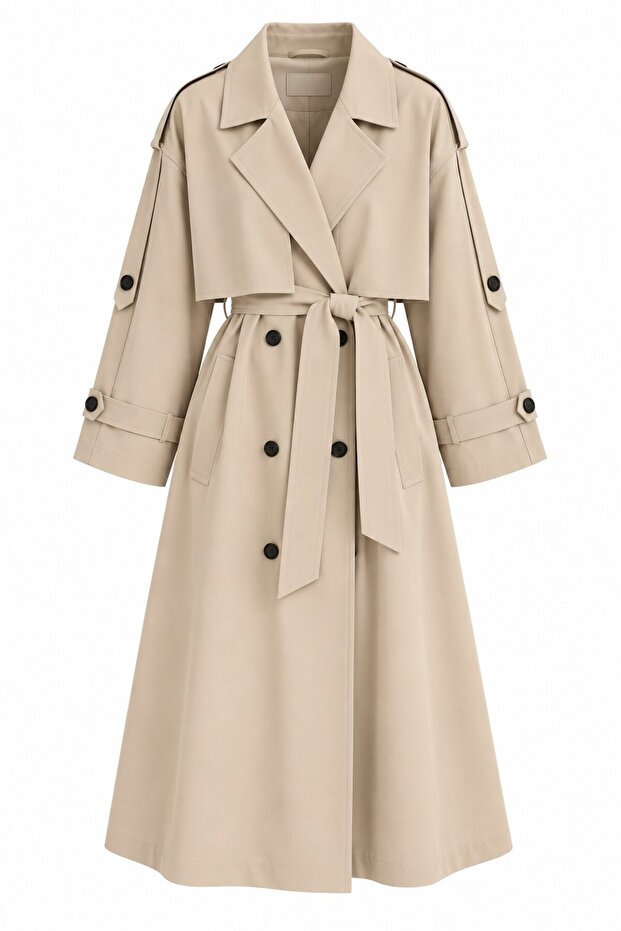 Camel Lucky Button Detailed Oversize Trench Coat - 9476