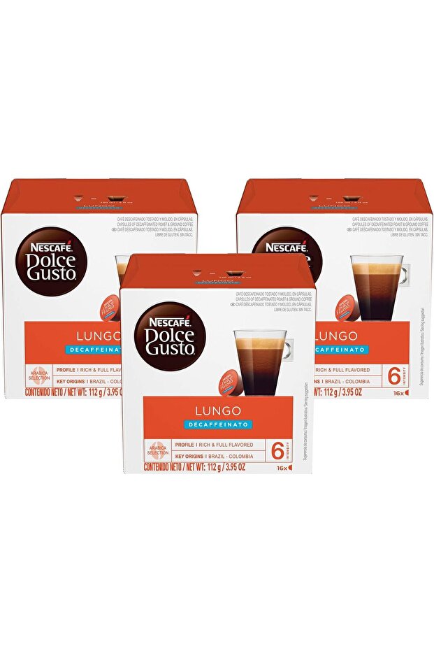 Coffee Pods, Lungo Decaffeinato, 16 capsules, Pack of 3