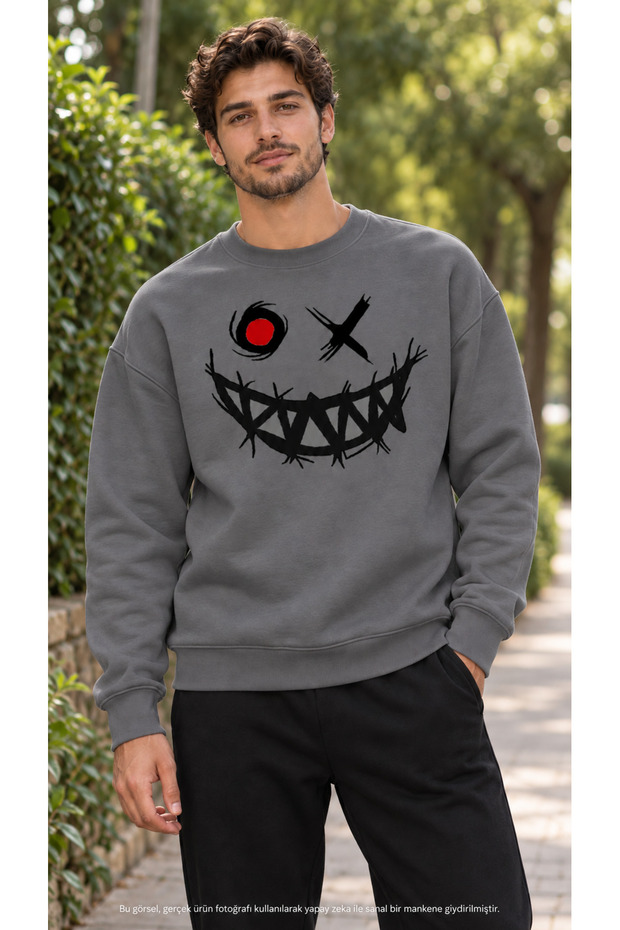 Men's Graffiti Smiley Face Printed Crew Neck Casual Regular Fit Sweatshirt