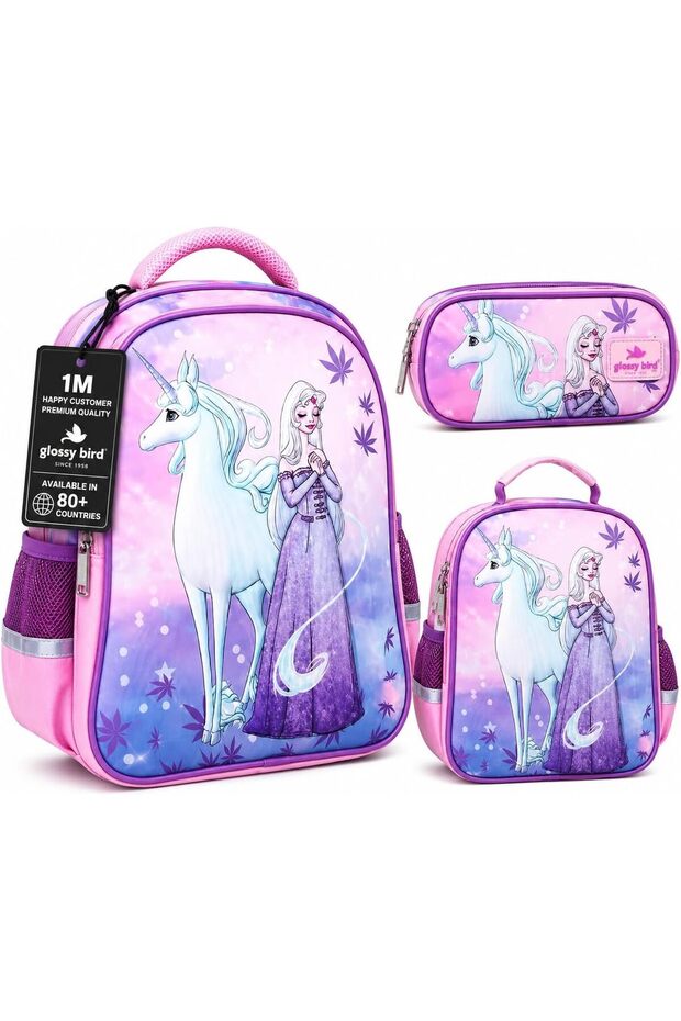 Kids School Backpack Set 3 Piece for Girls, Lightweight School Bag with Lunch Bag and Pencil Case, Water Resistant Bookbag for Primary School