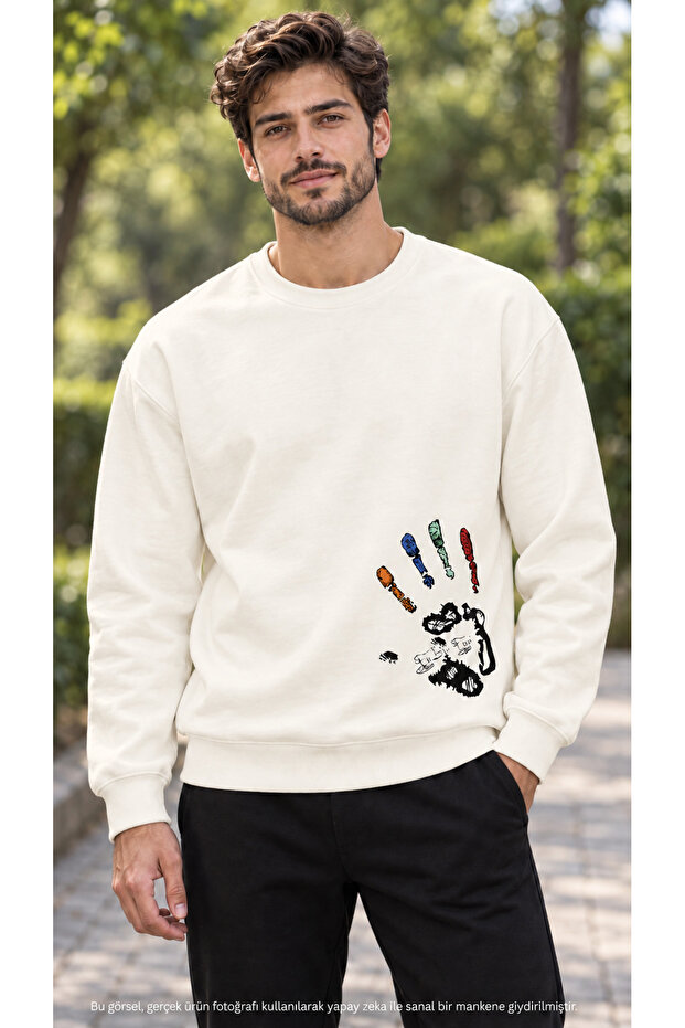 Men's Colorful Finger and Handprint Printed Crew Neck Casual Regular Fit Sweatshirt