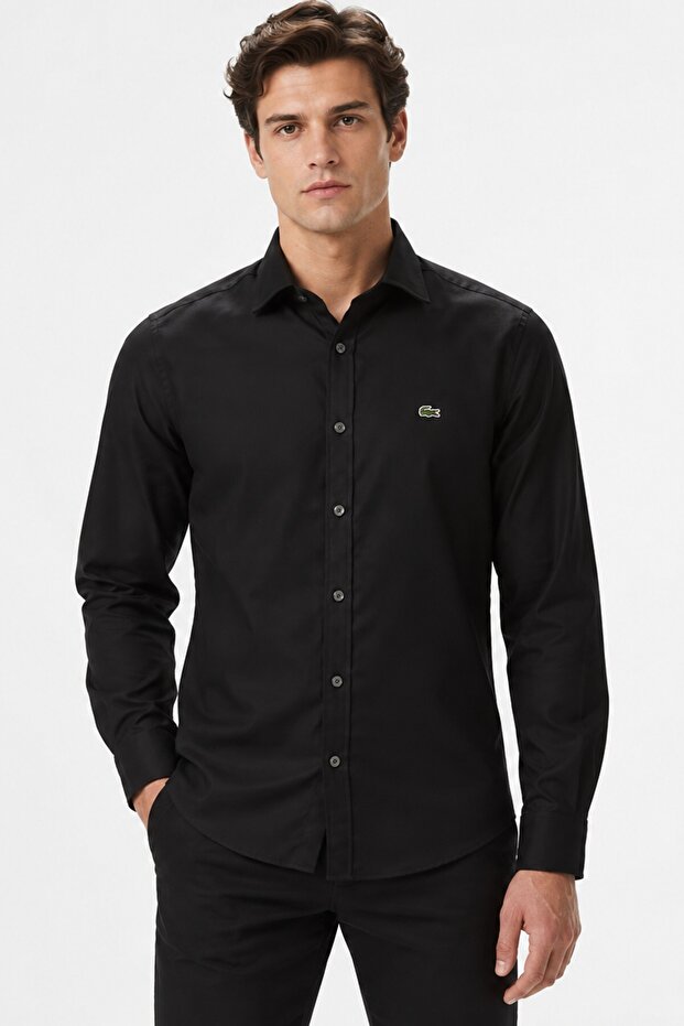 Men's Slim Fit Button-Down Collar Linen Shirt Men's Button-Down Collar Cotton Shirt Black