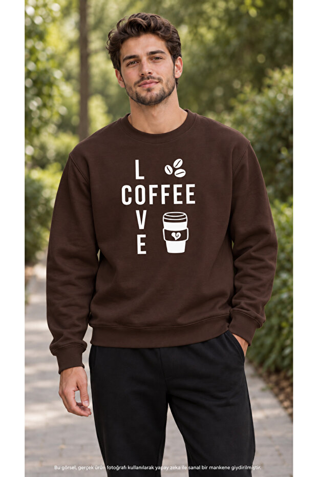 Men's Coffee Beans and Cups Illustration Printed Crew Neck Casual Regular Fit Sweatshirt