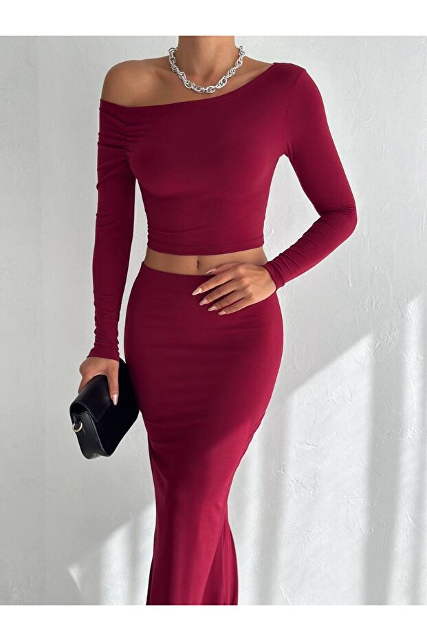 Women's Burgundy One-Shoulder Open Blouse and Skirt Set