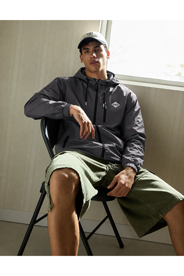 Men's Water-Resistant Raincoat & Windbreaker with Zipper Pockets in Dark Gray