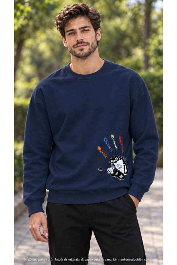 Men's Colorful Finger and Handprint Printed Crew Neck Casual Regular Fit Sweatshirt