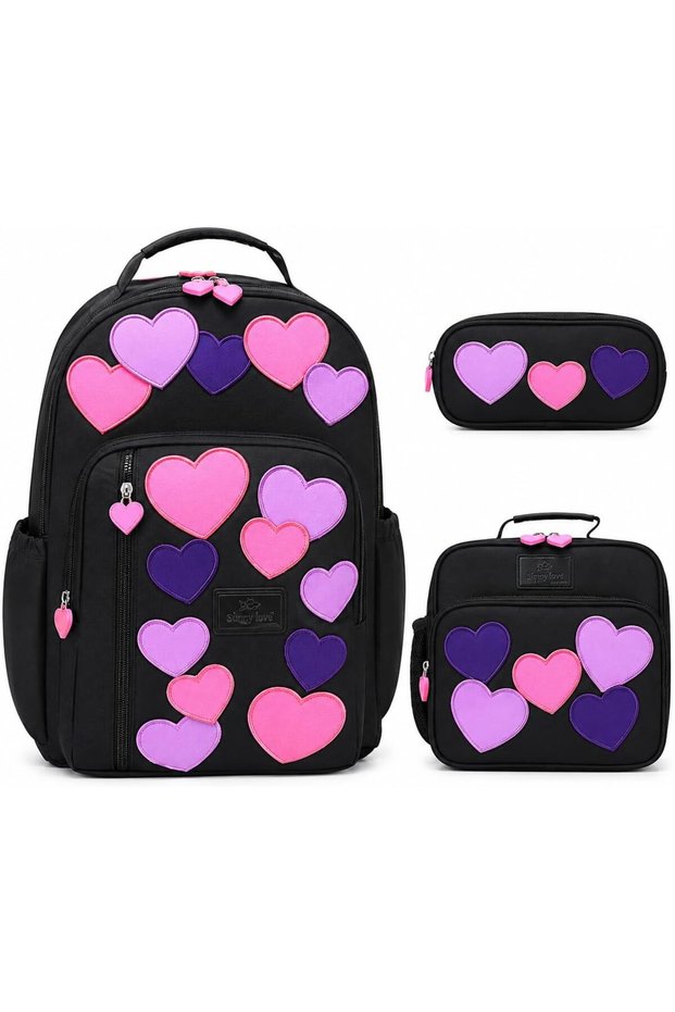 Girls School Bag Set, 3 Piece Kids Backpack Set with Lunch Bag & Pencil Case, Floral School Backpack for Girls, Multi Pocket Book Bag, Kindergarten, Travel & Everyday Use - Black