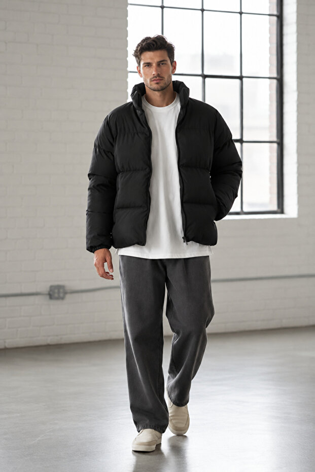 Unisex Inflatable Coat Black – Stand Collar Zippered Winter Puffer Coat for Daily Use