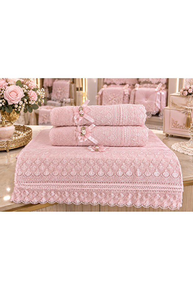 50X90 100% Cotton Velvet Lace Bowknot Dowry Bag with Laces and Bow for Hand and Face Towels