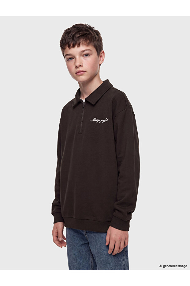 Lcw Kids Brown Polo Collar Embroidered Boys' Thick Sweatshirt