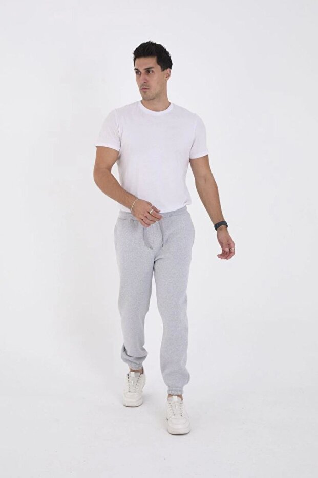 Men's Gray Sweatpants, Three-Thread Cotton, Baggy, Comfortable Cut, Elastic Cuffs