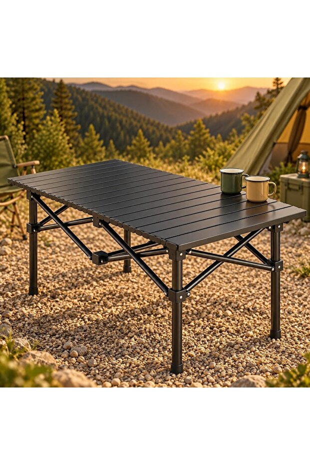 Folding Camping Table with Carry Bag, 95 x 55 x 50 cm Black Slatted Tabletop, X-Frame Support, Easy Setup, Camping & Picnic Use, Portable Design