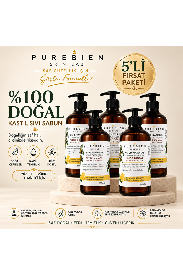 5-Pack Deal 100% Natural Castile Liquid Soap - Bergamot & Lemon Scented 5 X 500 ml