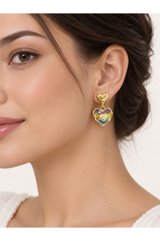 Colorful Enamel Detailed Dangle Heart Earrings Yrn-37