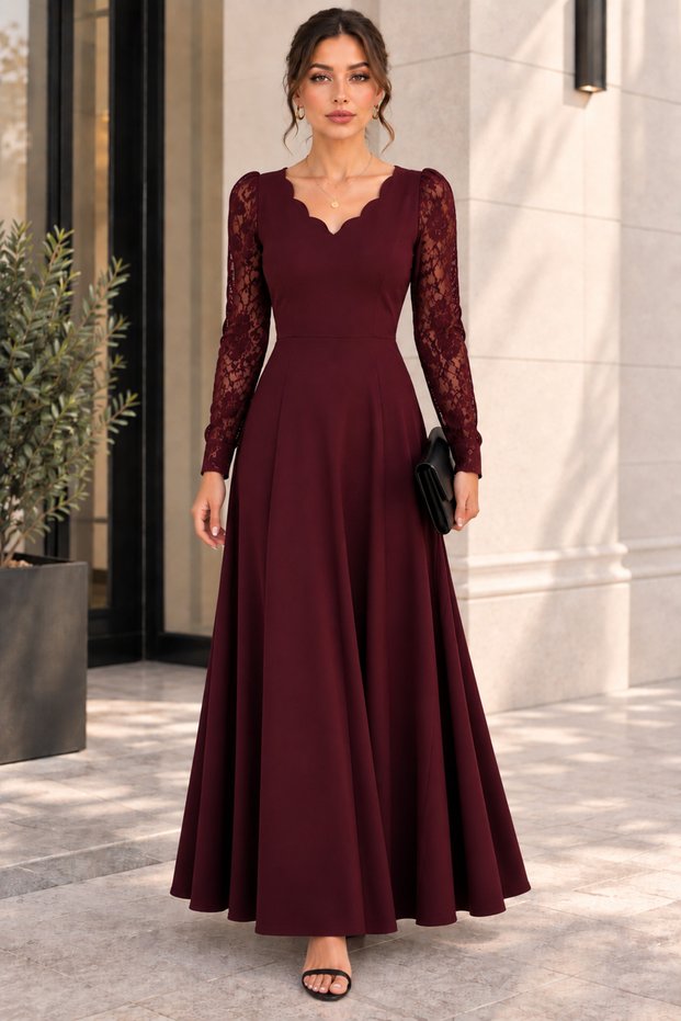Women's V-Neck Lace Sleeve Janjan Crepe Special Occasion Evening Dress | Elegant Invitation Dress