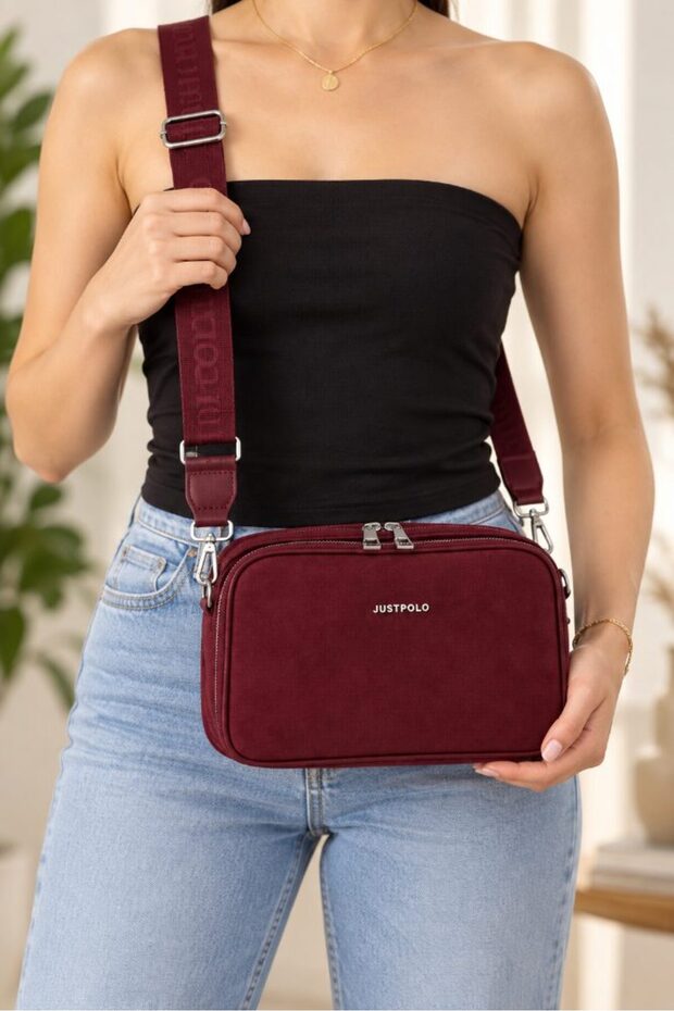 Nubuck Women's Hand and Shoulder Bag with Multiple Compartments and Zipper, Cross Strap, Suede Look, Burgundy
