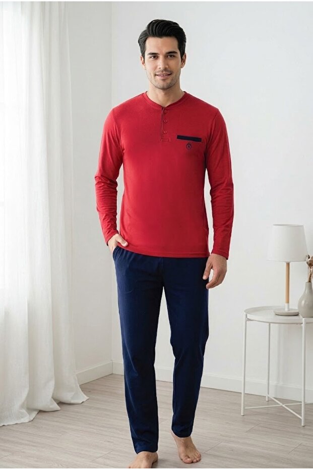 Men's Red 100% Cotton Combed Cotton Pajama Set, 3 Buttons, Crew Neck, Long Sleeve, Pocket Detail