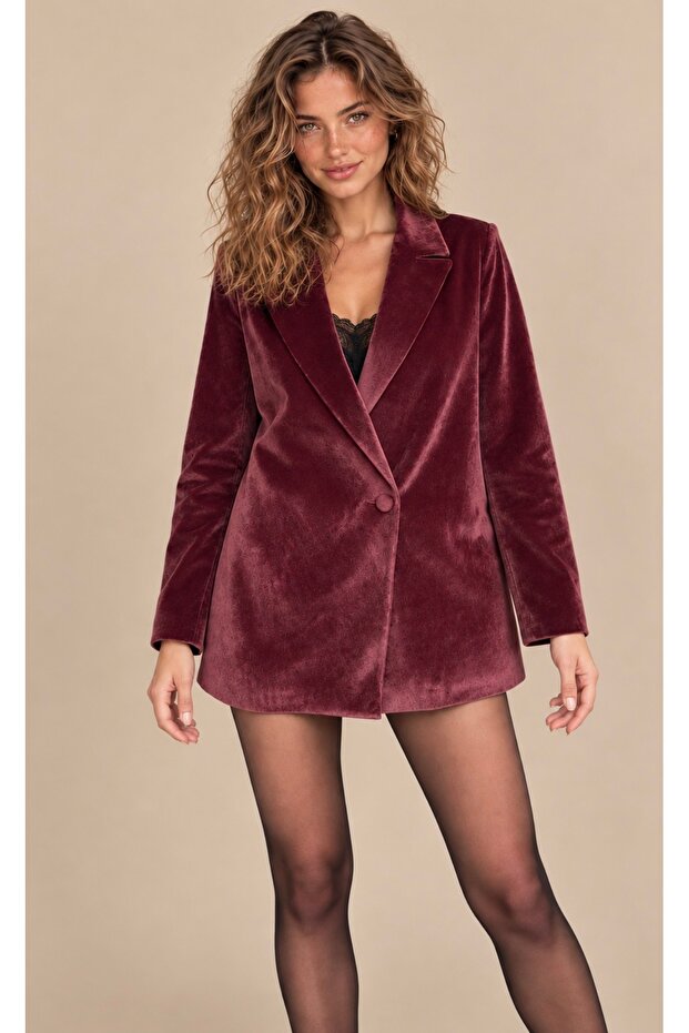 Women's Burgundy Velvet Blazer Jacket Be508