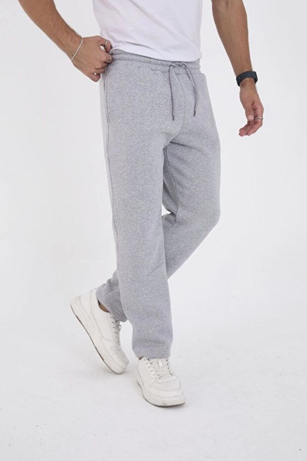 Men's Gray Sweatpants Three-Thread Cotton Baggy Comfortable Cut with Piped Cuffs