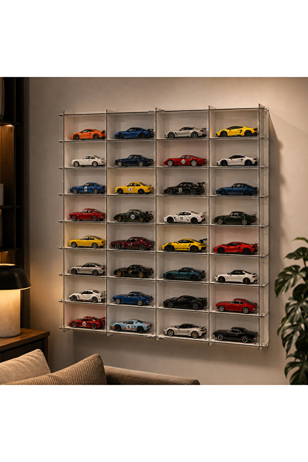 1:43 Model Car Display Shelf with Plexiglass Cover 32 Compartments Wall Mounted Decorative Display Case