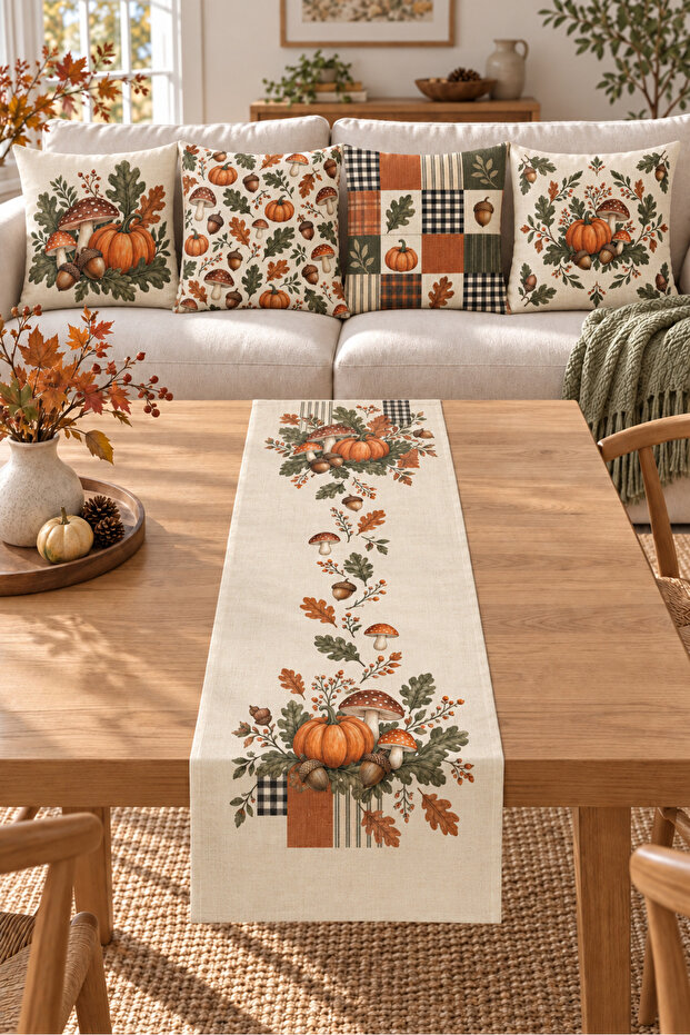 Orange Green Plaid Pumpkin Leaf 4 Throw Pillow Covers 1 Runner 5 Piece Set