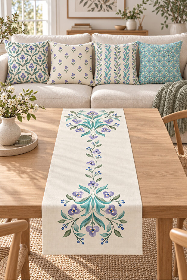 Mint Lilac Floral Ethnic Patterned 4 Throw Pillow Covers 1 Runner 5 Piece Set