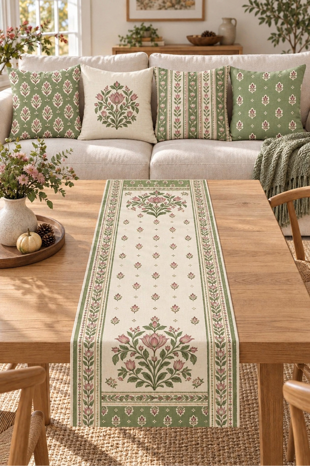 Sage Red Ethnic Floral Patterned 4 Pillow Covers 1 Runner 5 Piece Set