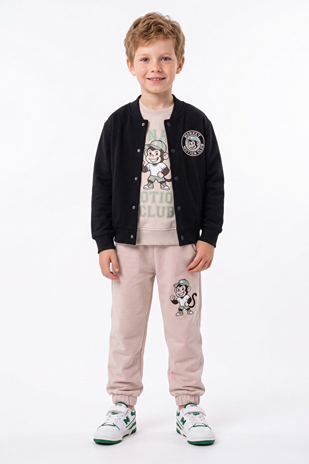 Monkey Embroidered Snap-On College Jacket 4-Piece Boys' Set