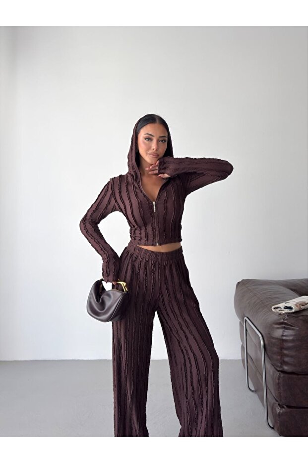 Hooded Zippered Seersucker Double Set