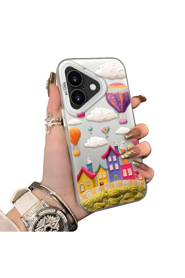 iPhone 17 Compatible Silicone Edge Hard Back Case Balloon Patterned Lover Couple Phone Case