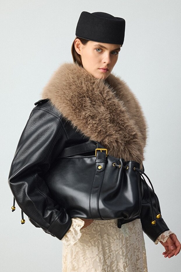 Oversized Faux Fur Collar Double-Breasted Faux Leather Coat H8566Ax26Wn