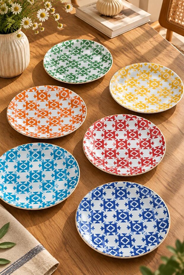 Ethnical 6 Pieces 20 cm Flat Plate Set – Colorful Patterned Cake Plate