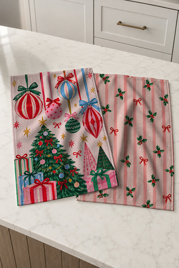Pink Ornament Party Pink Blue Christmas Ornaments and Pine Tree Patterned 2-Piece Kitchen Towel Set 35X55