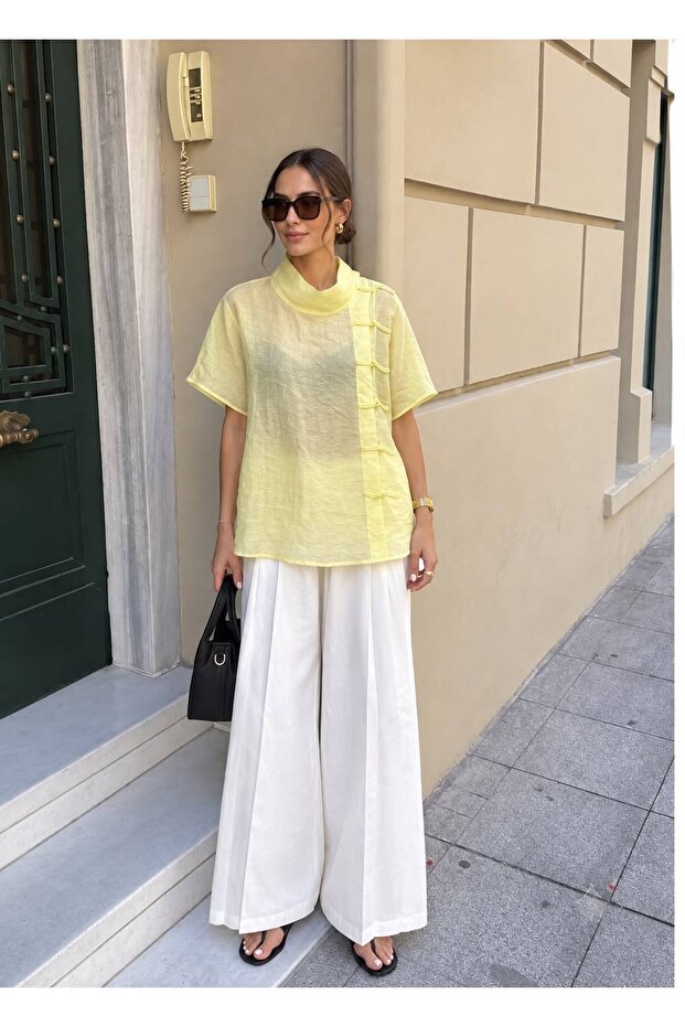 Women's Yellow Buttoned Flowy Transparent Blouse