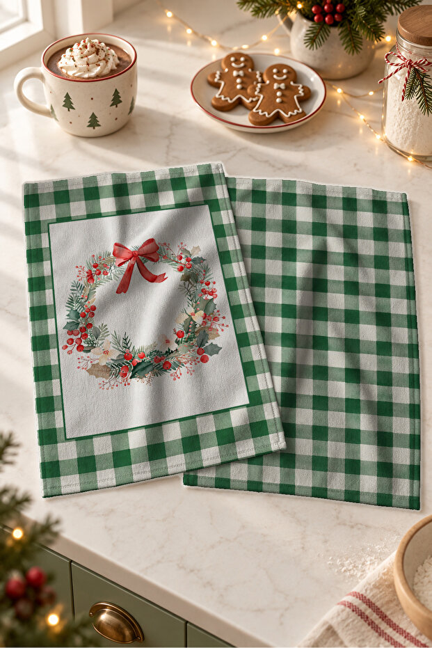 Holly Wreath Gingham Christmas Wreath with Kokina and Green Checkered Pattern 2-Piece Kitchen Towel Set 35X55
