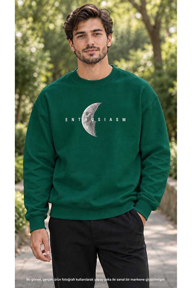 Men's Minimalist Moon Phase and Enthusiasm Text Printed Crew Neck Casual Regular Fit Sweatshirt